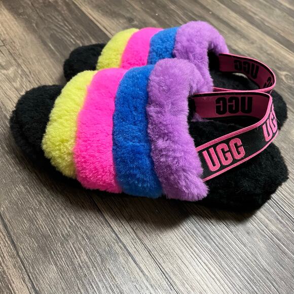 UGG Fluff Yeah Slide Black Rainbow Sheepskin Platform Sandals Women’s 8 Y2K - Picture 2 of 6